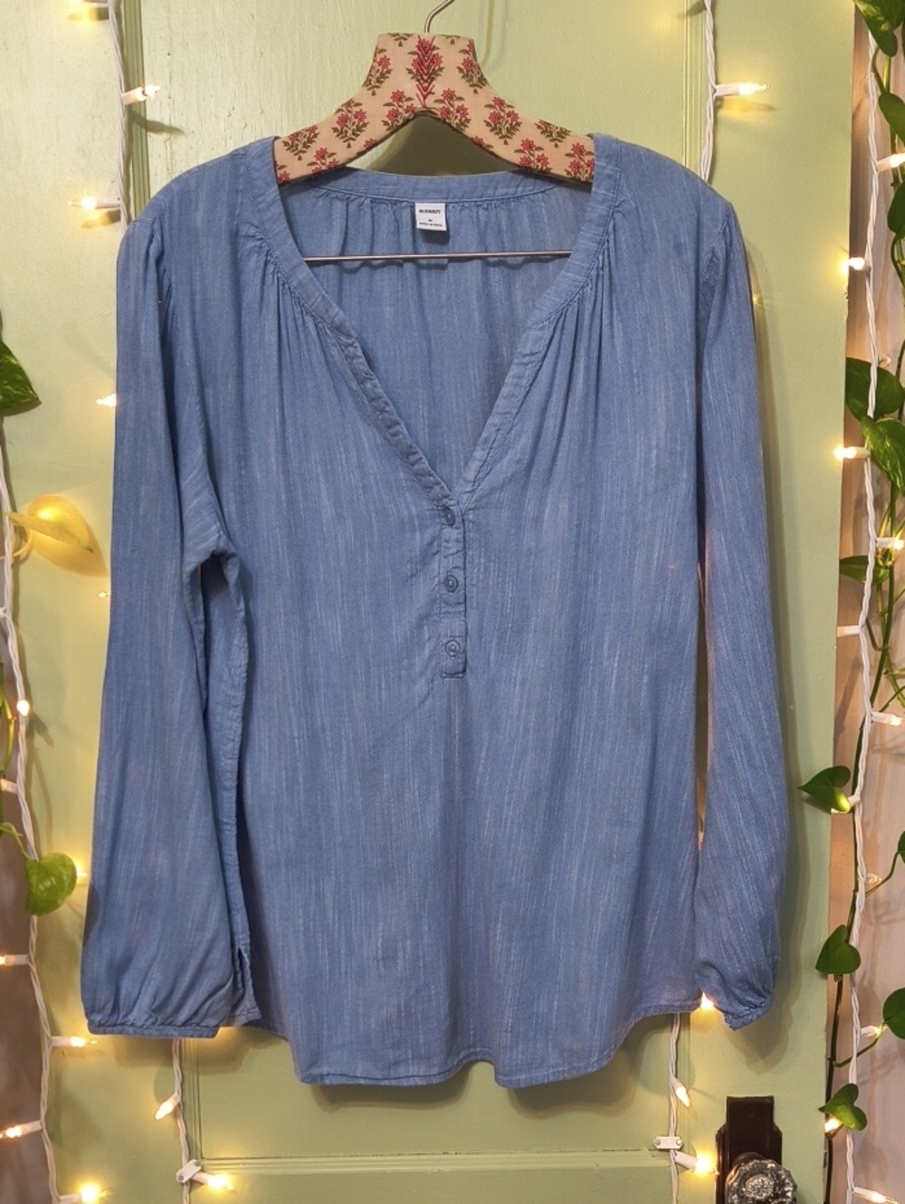 Women's Old Navy Balloon Sleeve Loose Fit Blue Chambray Top M